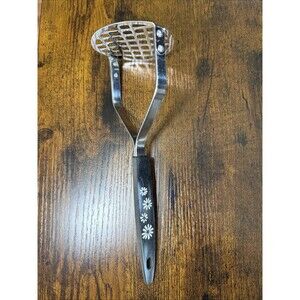 Vintage Stainless Steel‎ USA Potato Rice Masher BLACK WHITE DAISY FLOWERS Handle